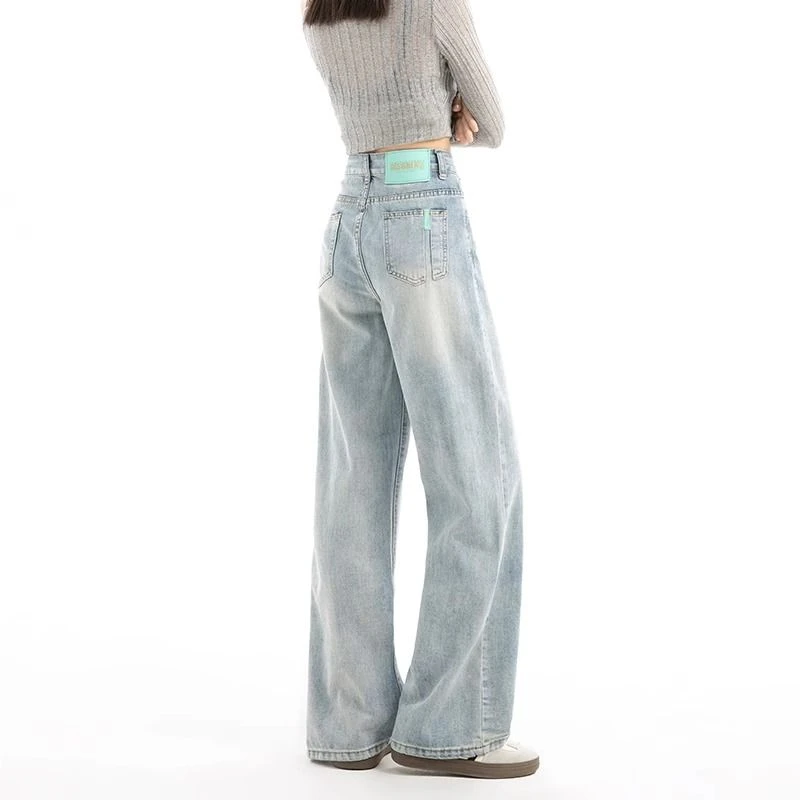 高腰显瘦浅色百搭阔腿牛仔裤2025女复古直筒拖地宽松夏季裤子新款