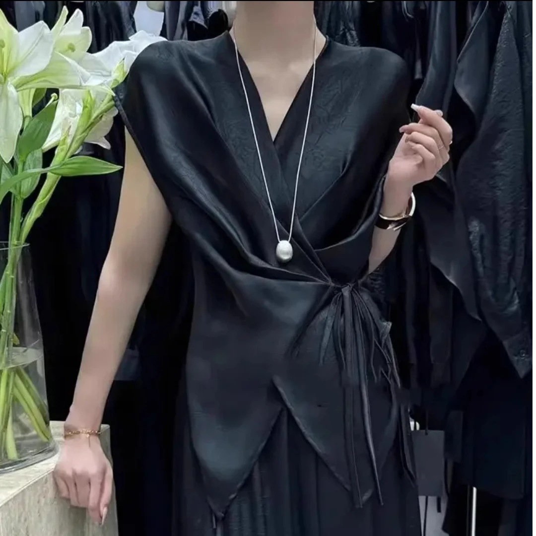 法式褶皱收腰显瘦7958伊女夏季纯色温柔简约风纯欲极简小衫