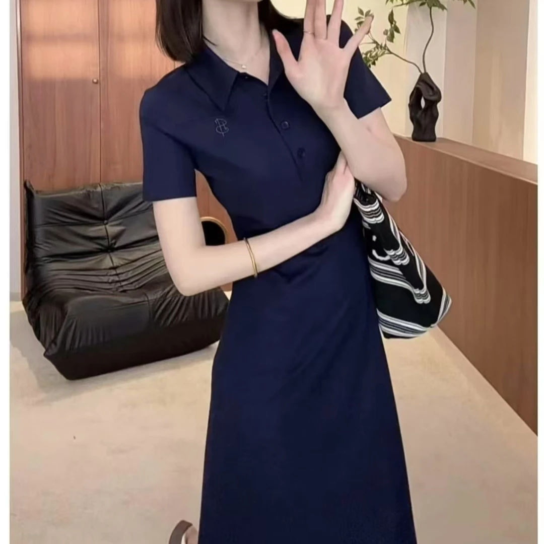 韩版POLO领藏青色气质百搭连衣裙女2025夏季新款纯色显瘦休闲裙子
