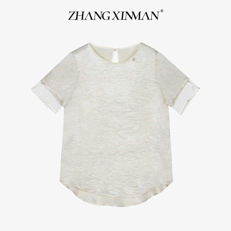 YIHOO-醋酸真丝｜压褶设计感短袖百搭时尚打底衫半袖T恤321Z9113