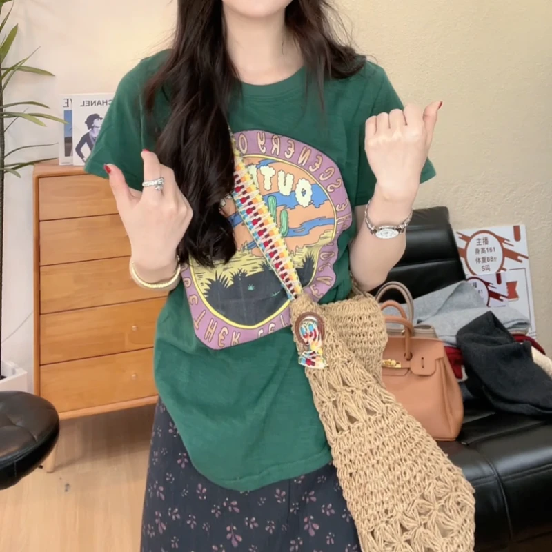 "仙人掌'2025春季新款设计感绿色百搭显瘦气质套头短袖LK2501319