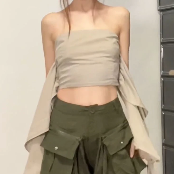 亚麻卡其色多种穿法不规则抹胸海带抹胸