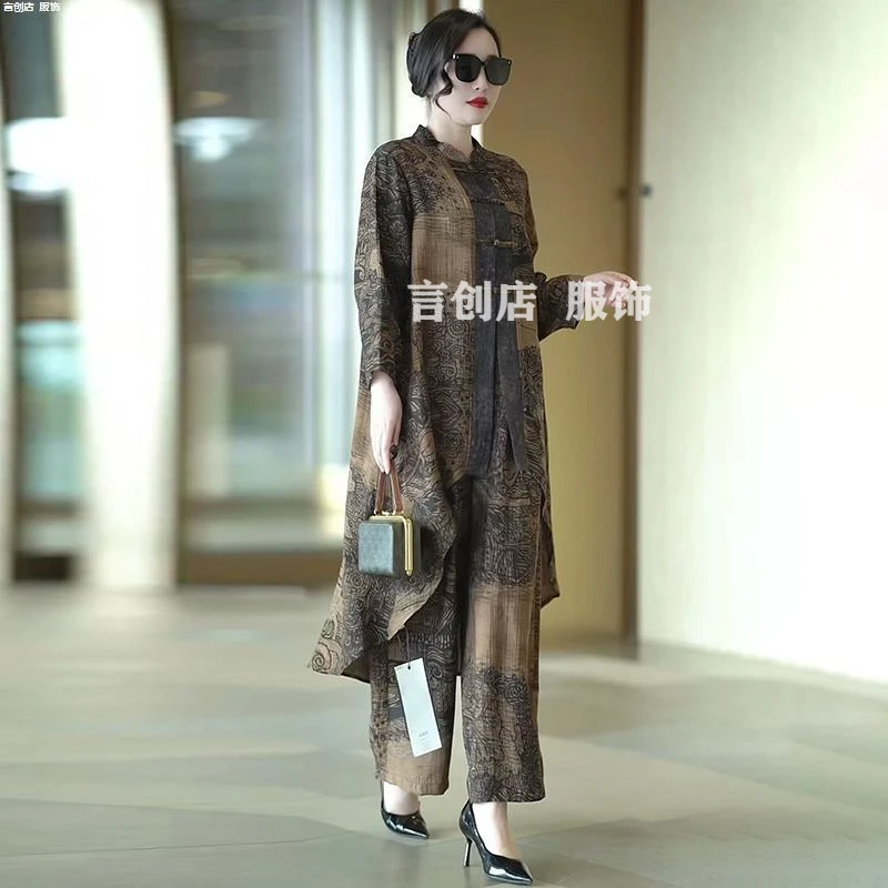 302高端春夏套装新中式盘扣大码200斤开衫+阔腿裤妈妈两件套170