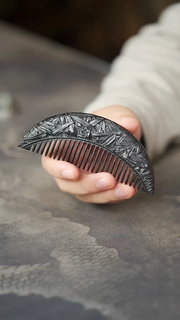 东非黑黄檀（紫光檀）黑檀木双面精雕竹韵梳