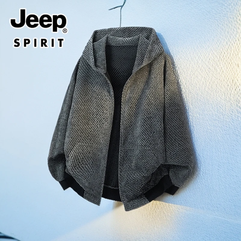 JEEPSPIRIT吉普夹克男春秋连帽条纹开衫宽松美式复古休闲卫衣外套
