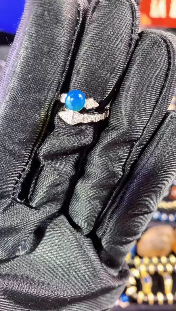 【闪购商品】琥珀珠宝奇石银S925镶嵌多米皇家蓝灵蛇戒指 蛇年限定