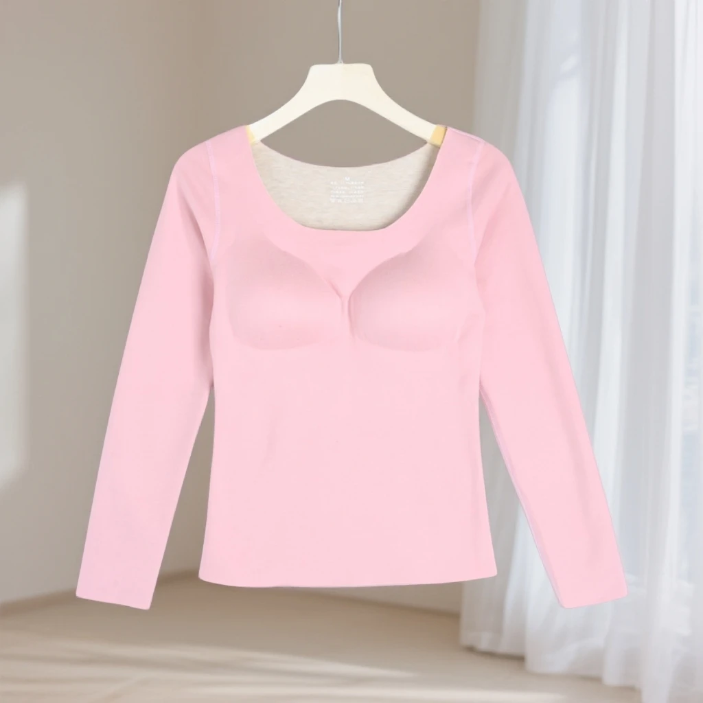 N0203打底女士秋冬德绒蚕丝羊毛无痕加绒保暖带胸垫打底上衣