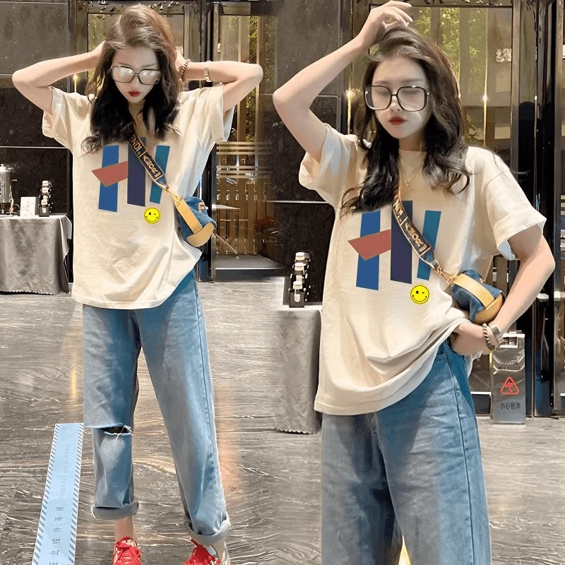 2025新款100%纯棉女生夏季时尚中长款大码宽松休闲ins风短袖T恤