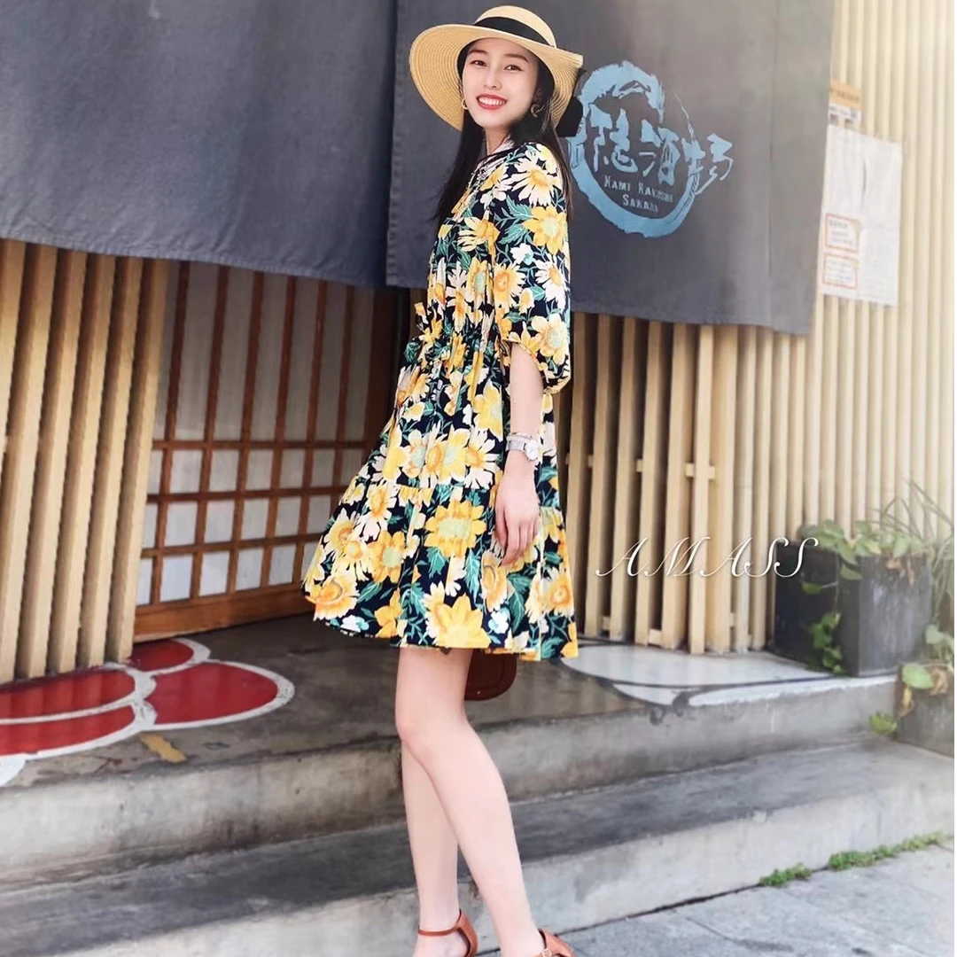 黄色印花短袖连衣裙 5500219