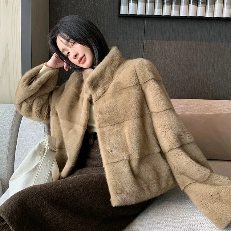 【方梨】新款进口小母貂立领貂皮大衣女整貂短款水貂毛皮草外套女