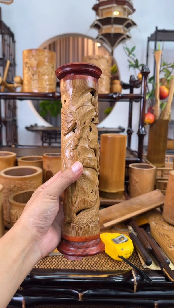 竹手工雕刻荷花香筒