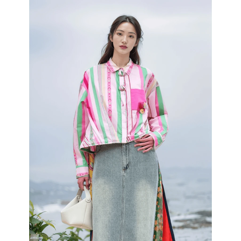 【贡彩短款】春季新款百搭时尚休闲短款彩色条纹短款衬衫.Y5313