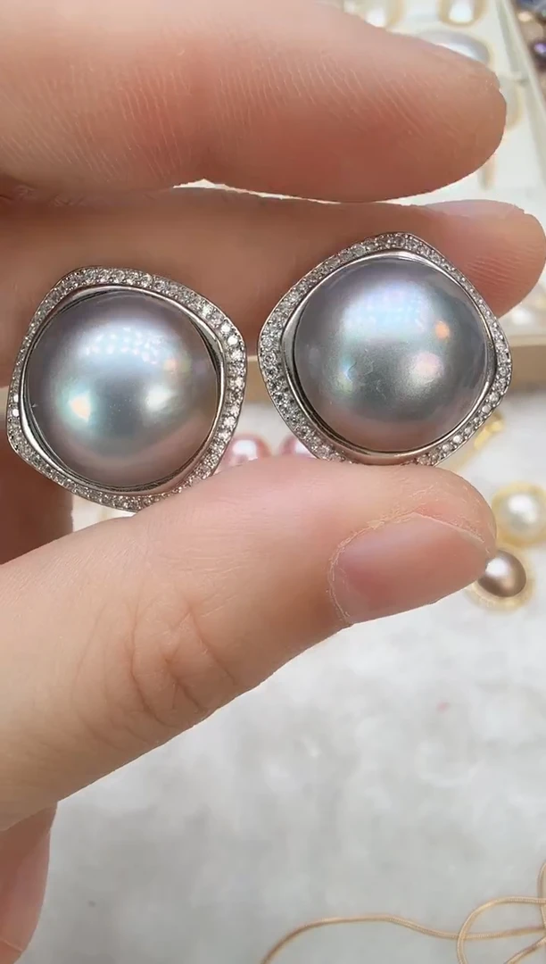 耳饰拼合珍珠（马贝珠）未镶嵌四方灰色