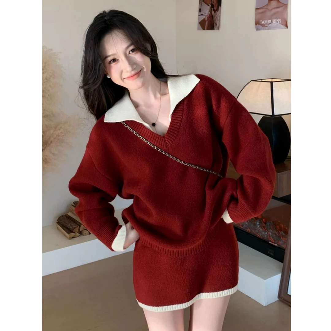 大码胖MM法式套装毛衣针织衫短半身裙两件套冬气质时尚感一整套装