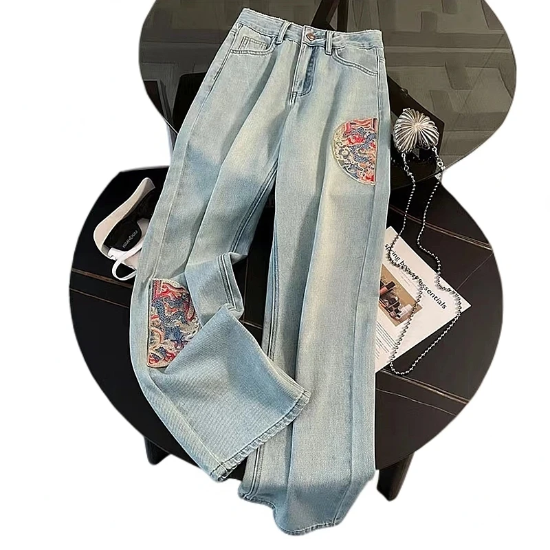 新中式国风刺绣阔腿牛仔裤女装夏季新款高腰窄版垂感直筒裤子