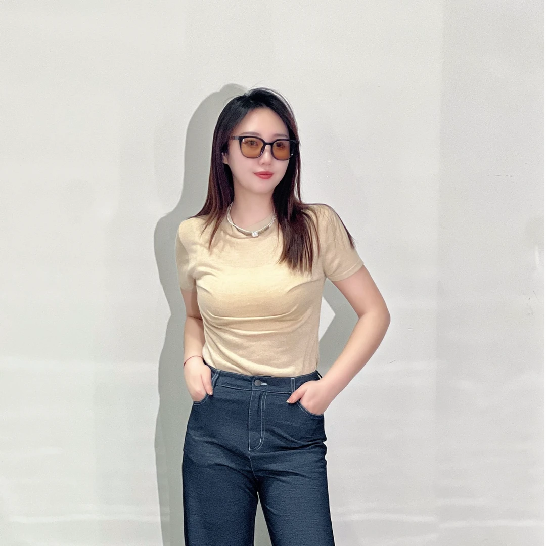 柞蚕丝针织女半袖圆领修身显瘦时尚百搭纯色针织衫 1609