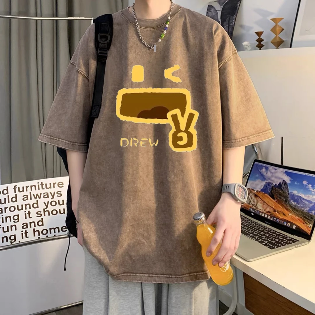 美式潮牌纯棉短袖t恤男款夏季新款宽松休闲圆领印花做旧体恤上衣