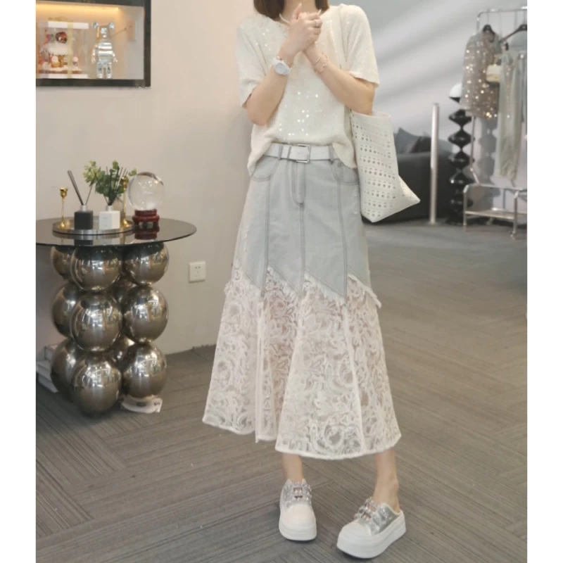 秋新款大码显瘦不规则a字蕾丝纱裙女高腰花边牛仔拼接人鱼半身裙