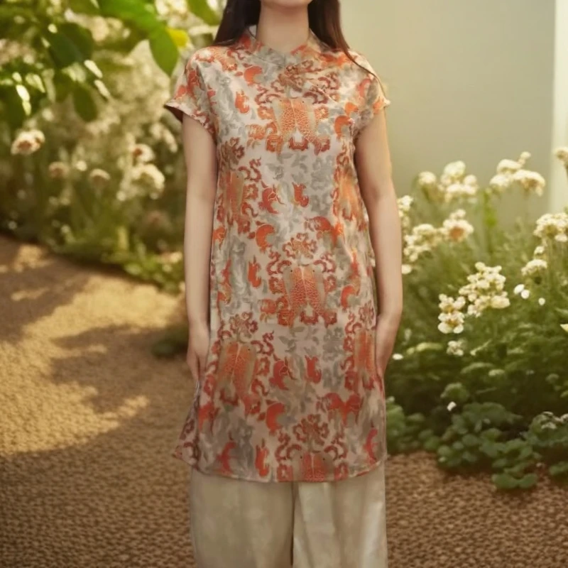 新中式重磅提花带透气孔双锦鲤气质旗袍连衣裙2025新设计原创正品