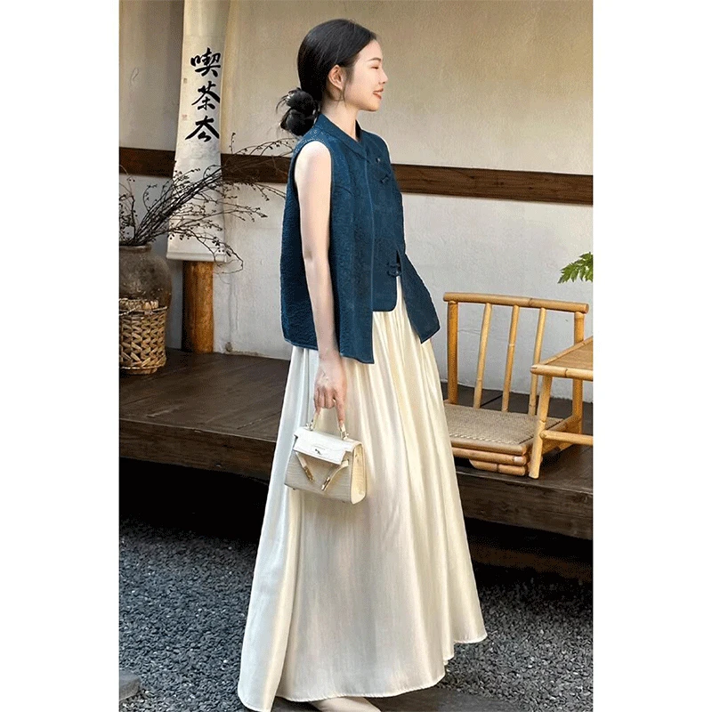 夏装新中式国风套装气质女神范感醋酸缎面马甲连衣裙简约时尚