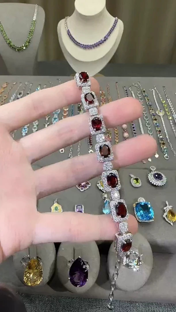 银S925镶嵌手链石榴石6*8mm手链高级款