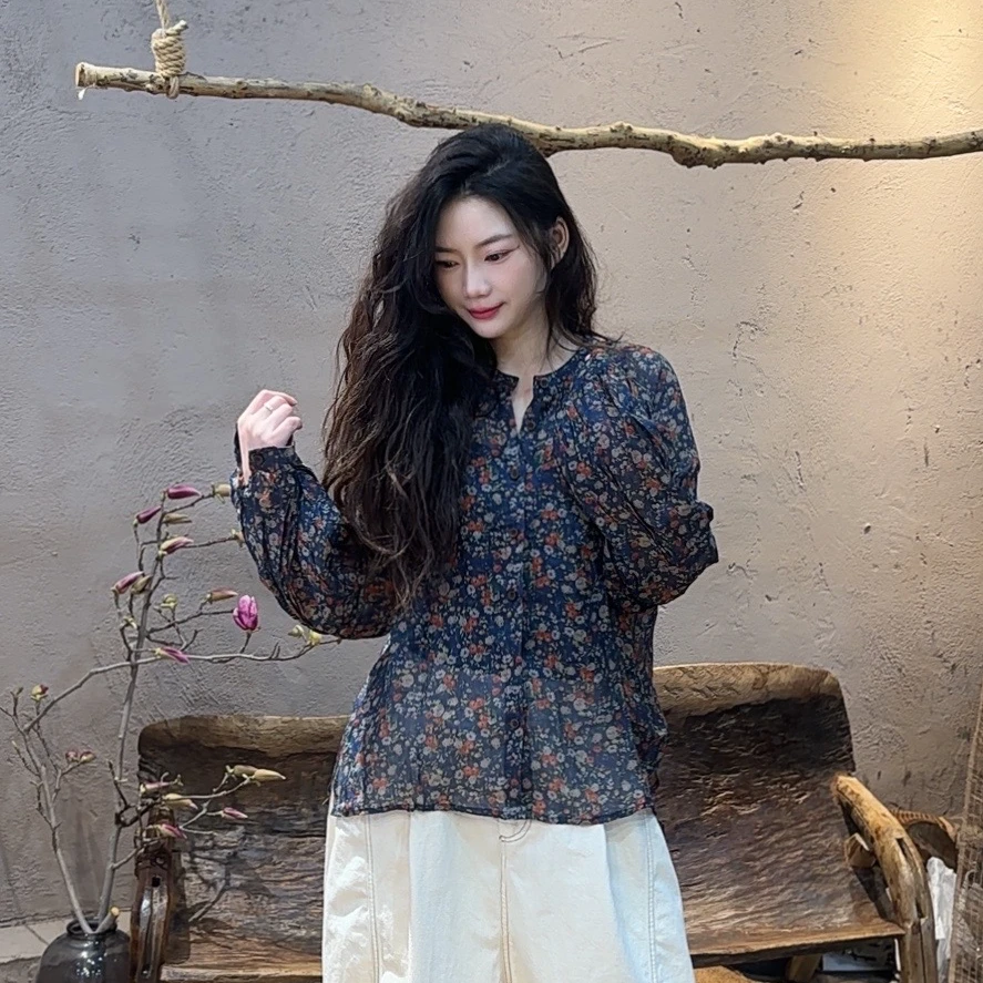 6825原创春夏薄款苎麻宽松淑女花色衬衫文艺减龄显白印花衬衣女