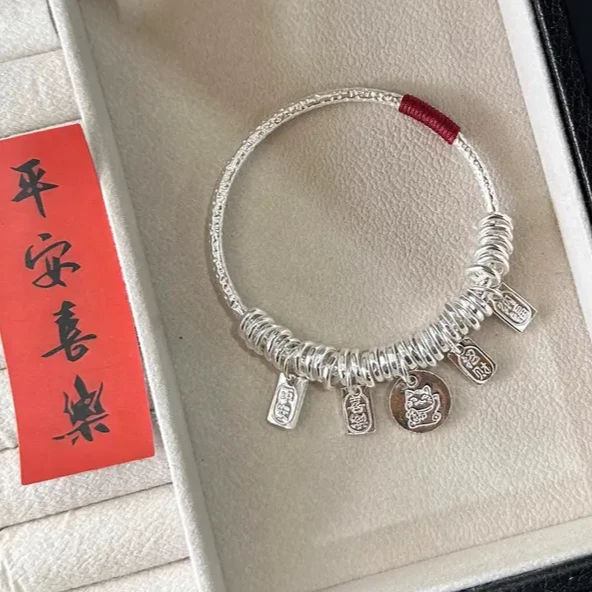 足银手镯9999纯银实心盘缠手镯女众平安喜乐招财猫银镯
