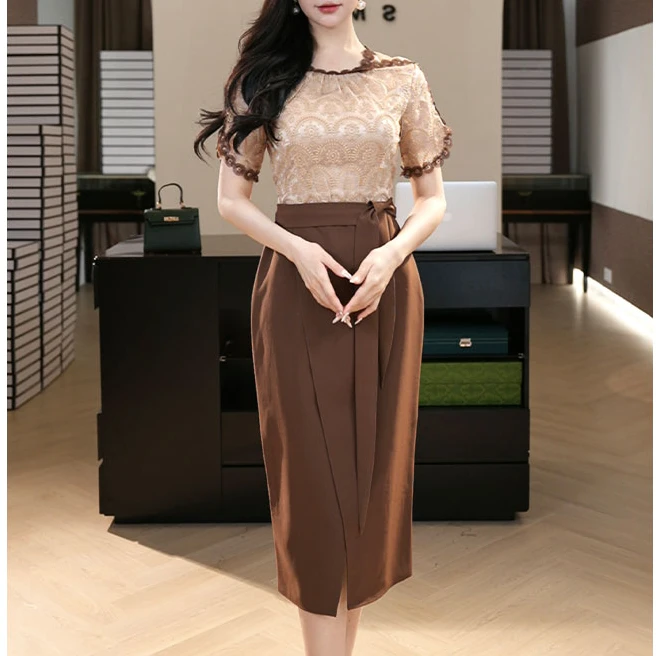 现货2025夏季新款【H24-X40】时尚优雅蕾丝拼接名媛收腰连衣裙子女