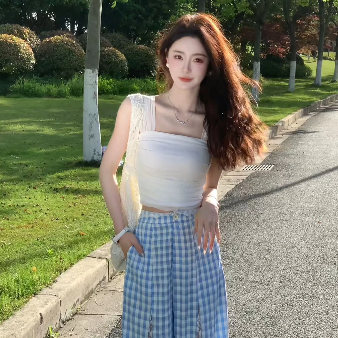 纯欲辣妹气质休闲撞色长袖上衣蕾丝格子长裤套装显瘦套装针织高腰