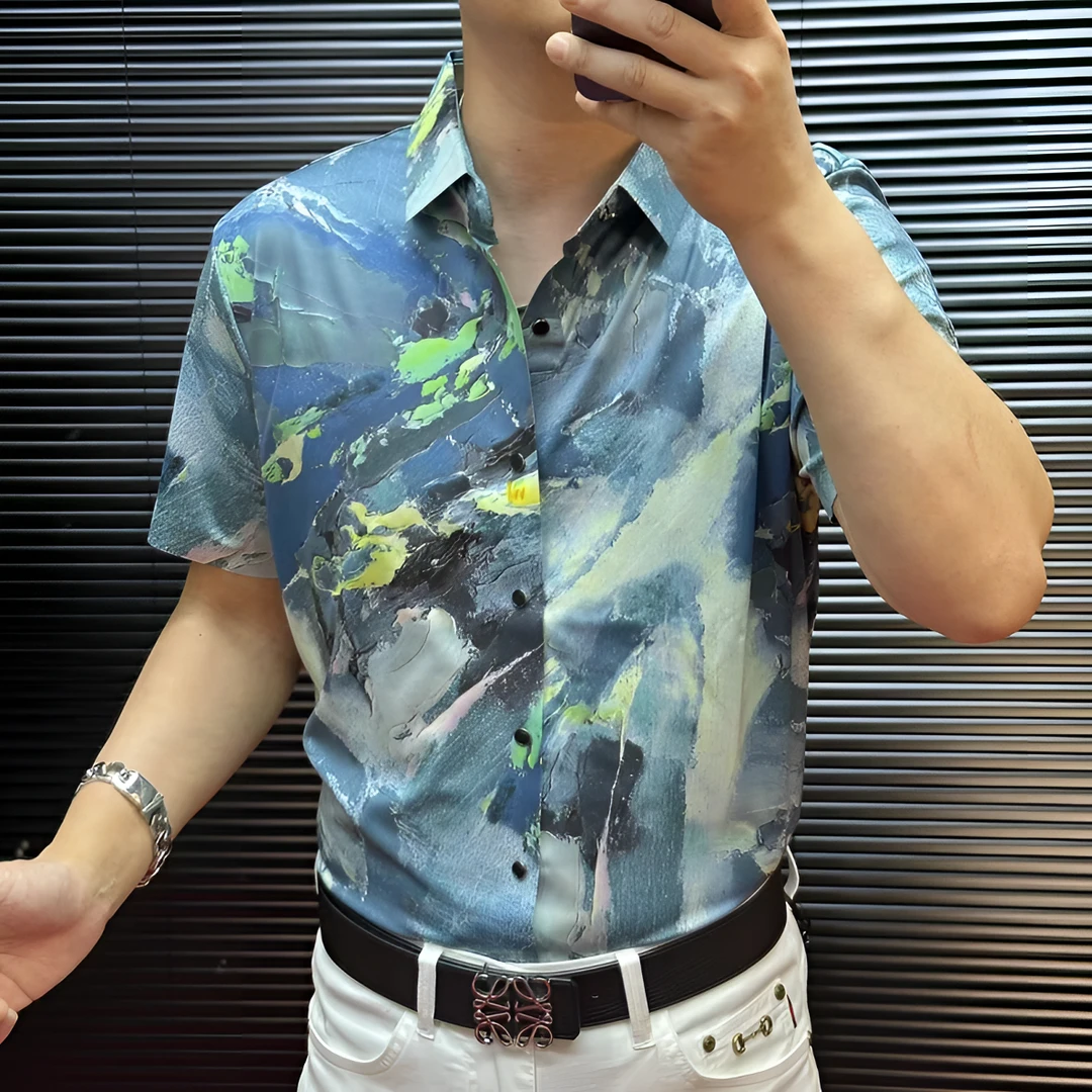 FLD甄选冰丝无缝免烫高弹力高品质蓝色油彩画休闲短袖衬衫4035