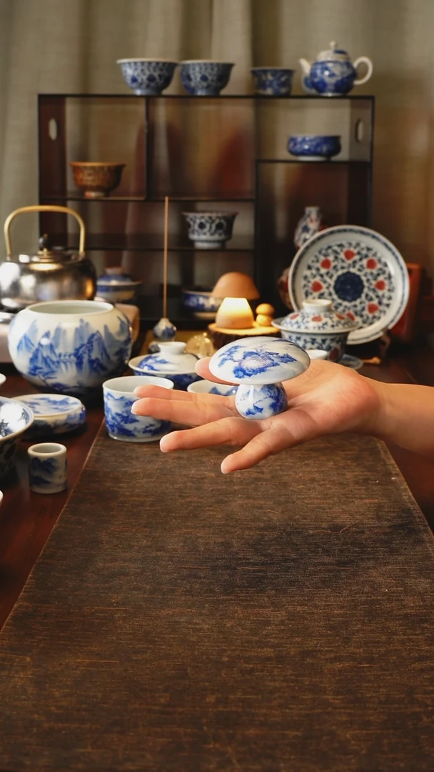 景德镇手工手绘山水蘑菇盖置