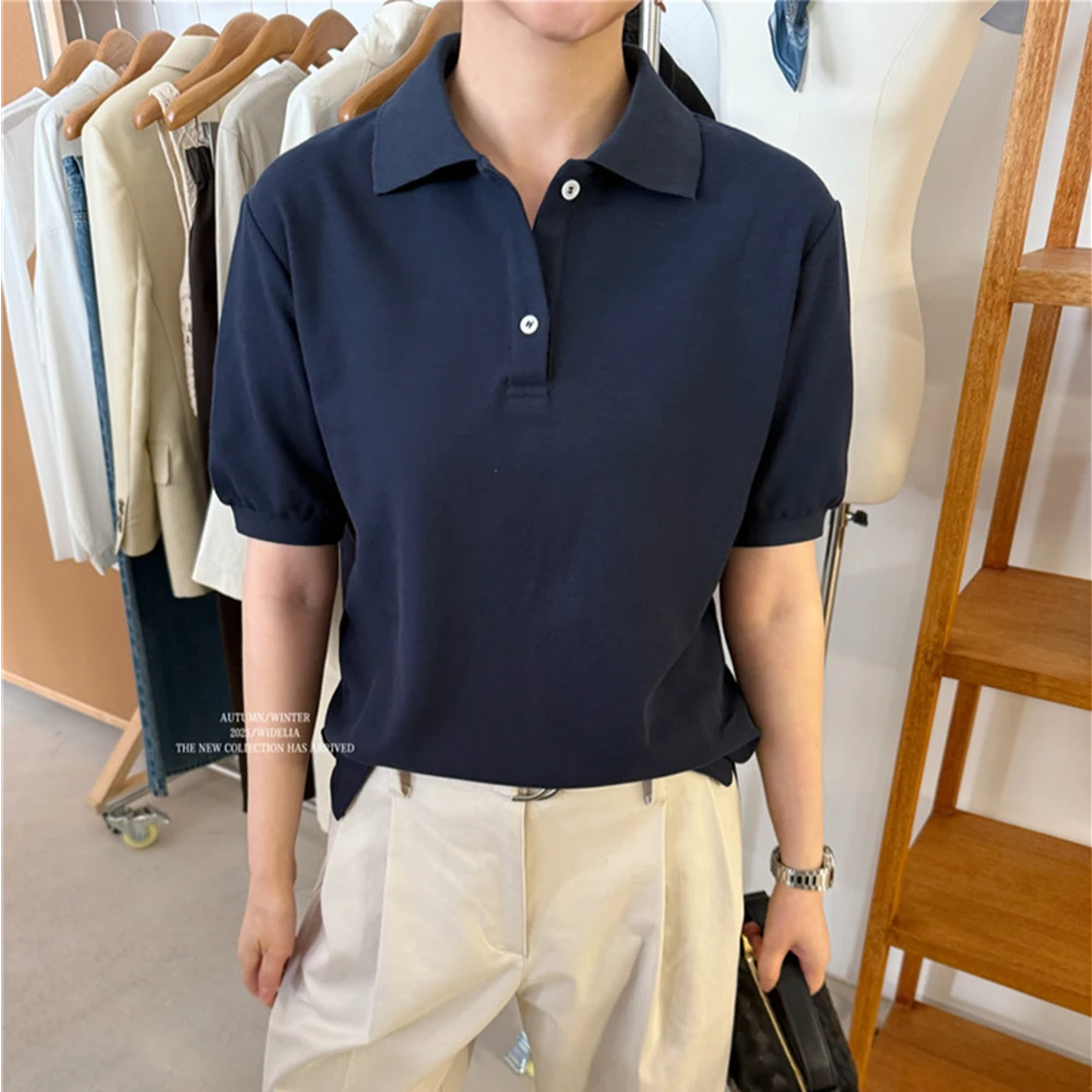林宝宝重磅藏蓝POLO衫夏季新款百搭女士短袖透气宽松翻领t恤7011