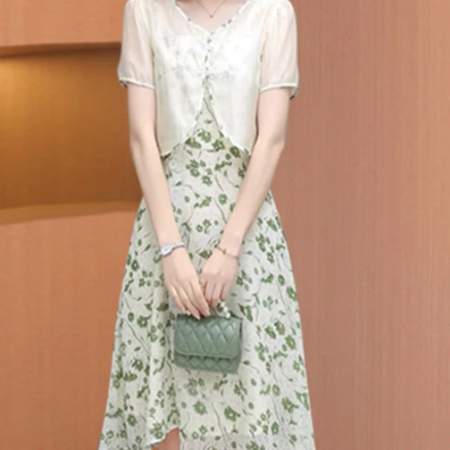 绿色清新法式假两件减龄气质女神连衣裙