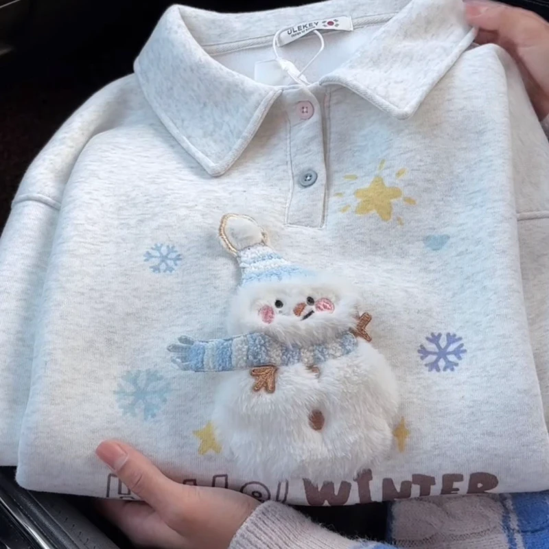 【立体雪人PoLo领卫衣】加绒25DK6299立体小雪人PoLo领纽扣卫衣