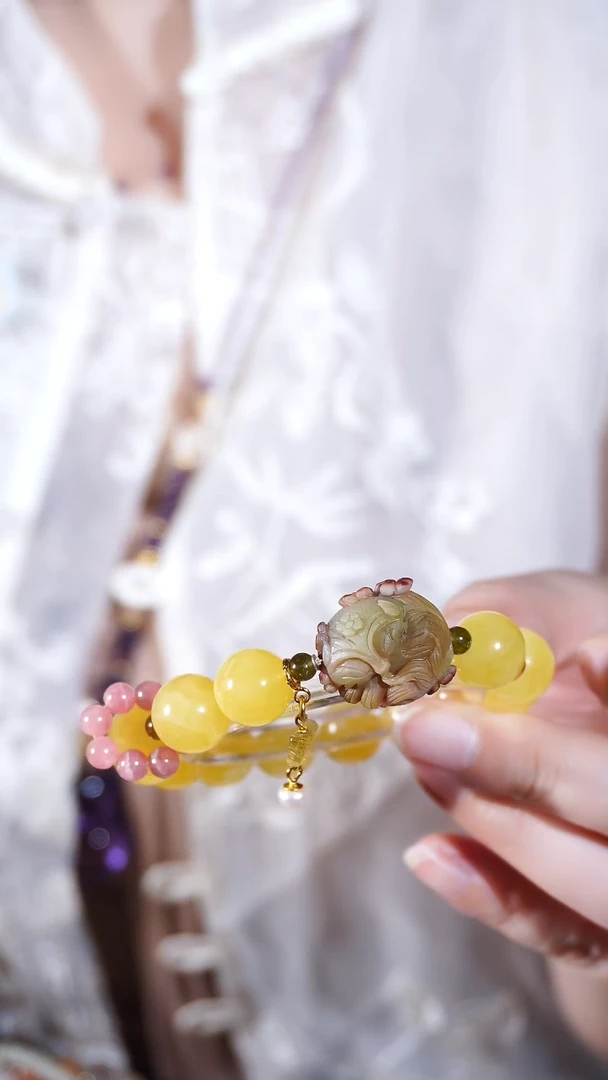 手链蜜蜡银S925镶嵌金瓷妖花老盐源等