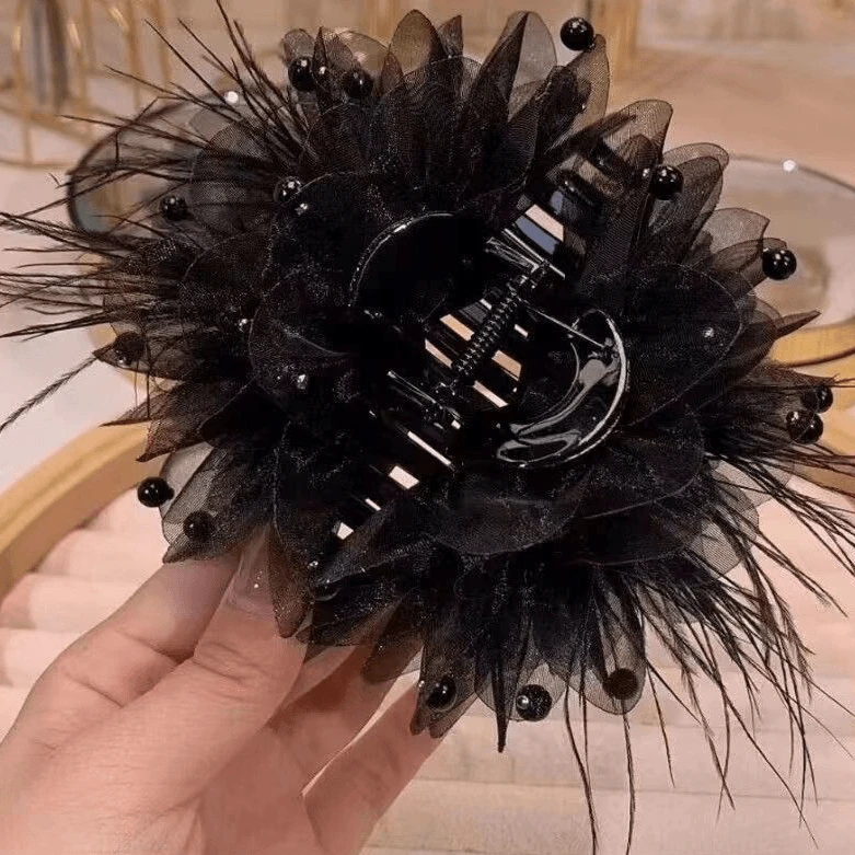 新款牡丹花羽毛花抓夹高颜值轻奢女时尚鲨鱼夹抓夹洋气发夹上档次