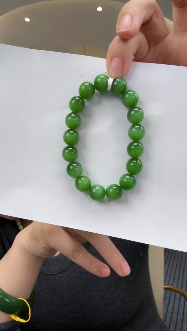 未镶嵌手链和田玉粉绿猫眼12mm手串