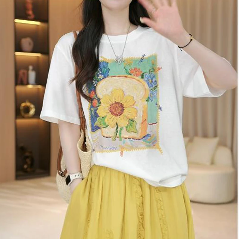 【艺术油画】夏季显瘦时尚洋气新款小花图案短袖T恤上衣潮流洋气