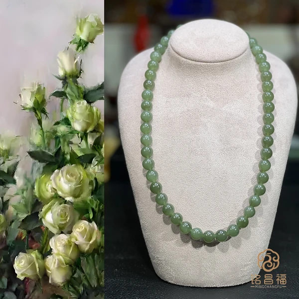 铭昌福精品天然和田玉粉青高货项链（无黑点10mm）1014-12
