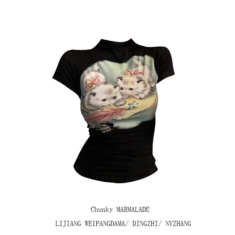 微胖MM大码女装猫咪印花美式辣妹短袖T恤女夏季黑色修身显瘦上衣
