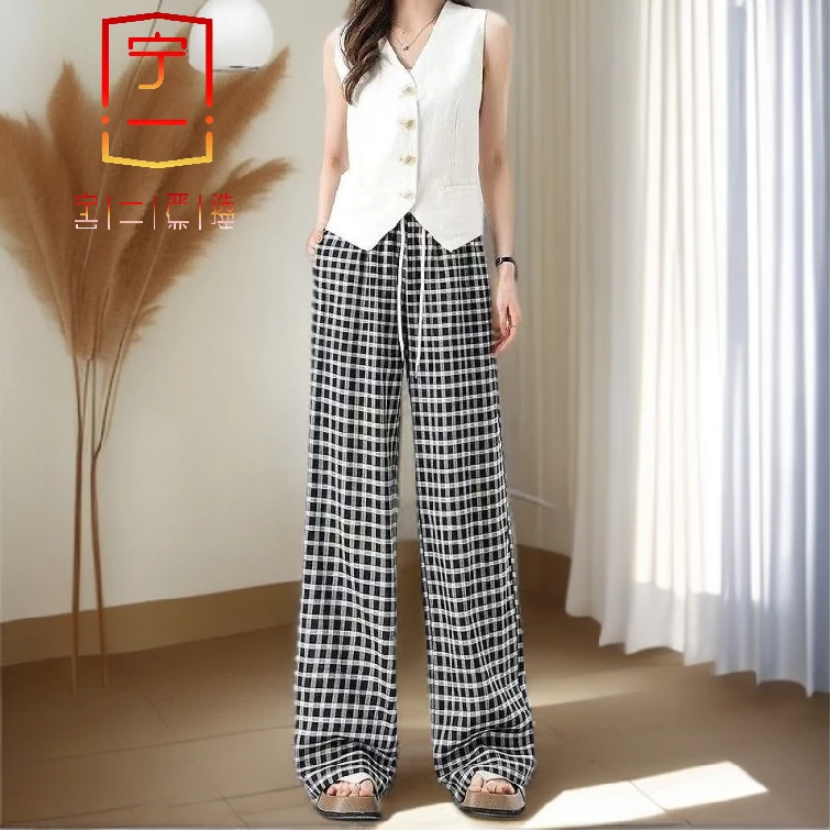 【宁一女装】时尚洋气显瘦黑白格子雪纺阔腿裤夏季薄款高腰百搭休闲