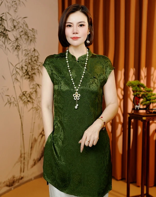 【翠缕】2025新款夏季新中式T恤短袖刻花修身显瘦减龄气质款165A