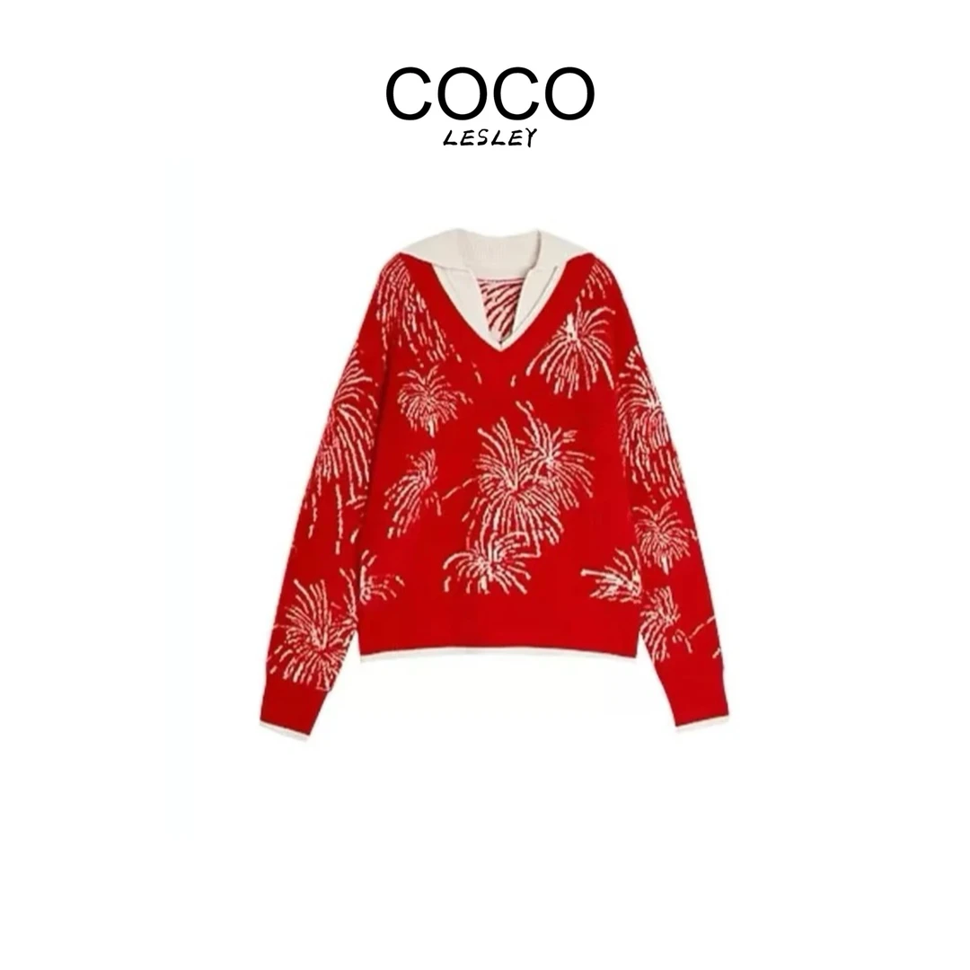 【COCO LESLEY】新年红撞色烟花毛衣女小众休闲假两件慵懒风上衣女