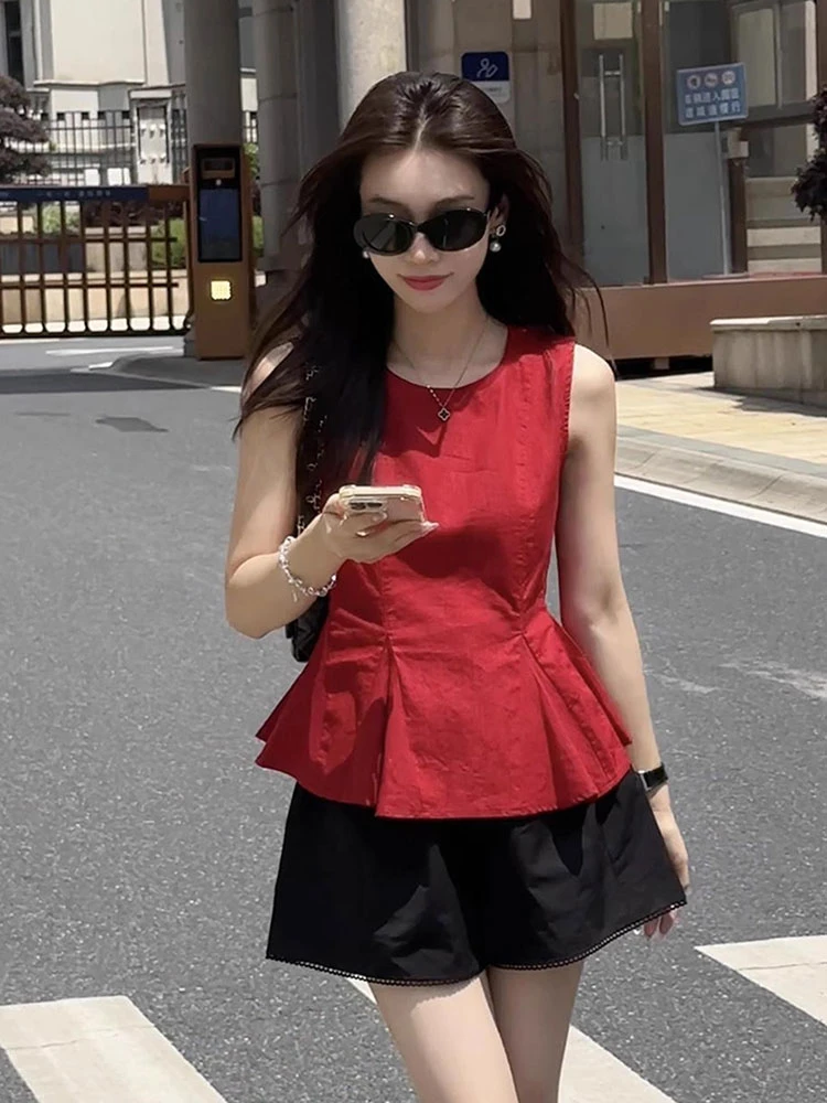 法式独特小上衣夏气质轻奢高级设计感减龄时尚别致超好看红色衬衫