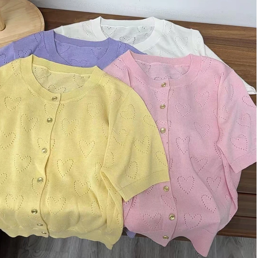 【原歌2】130克纯色圆领爱心开衫针织短袖YG554