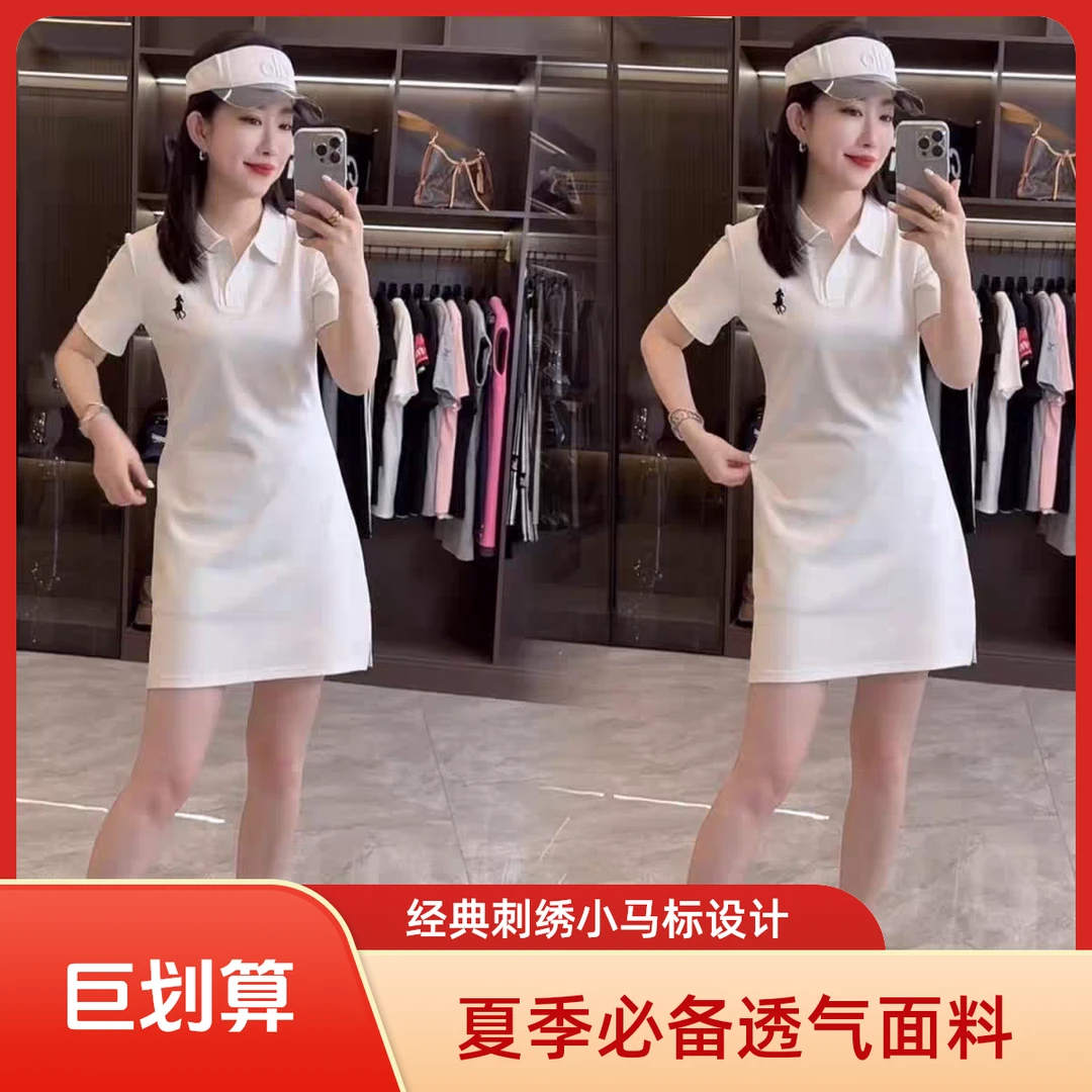 2025年夏季新款宽松经典刺绣小马标休闲短袖po领连衣裙裙子女显瘦