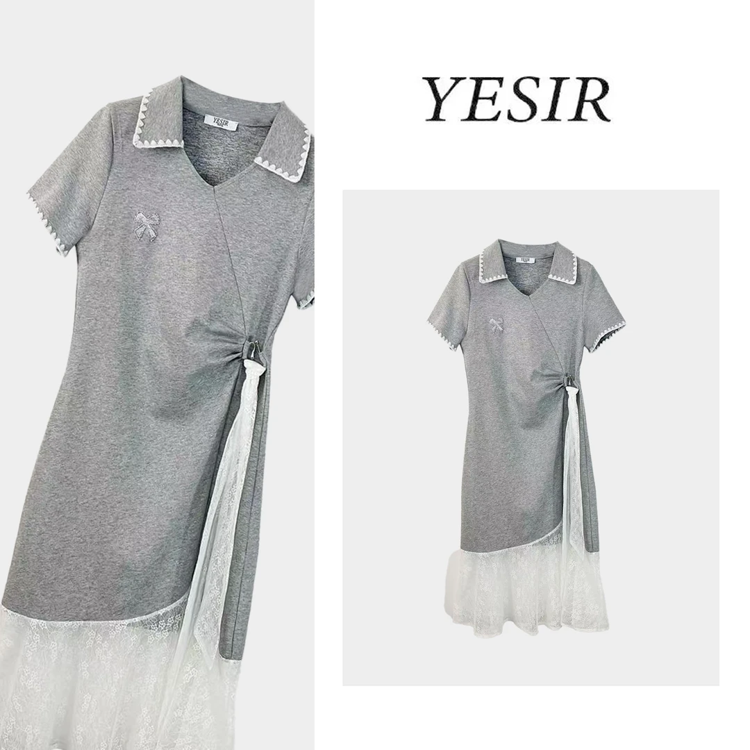 Q25151时尚拼接蕾丝收腰连衣裙