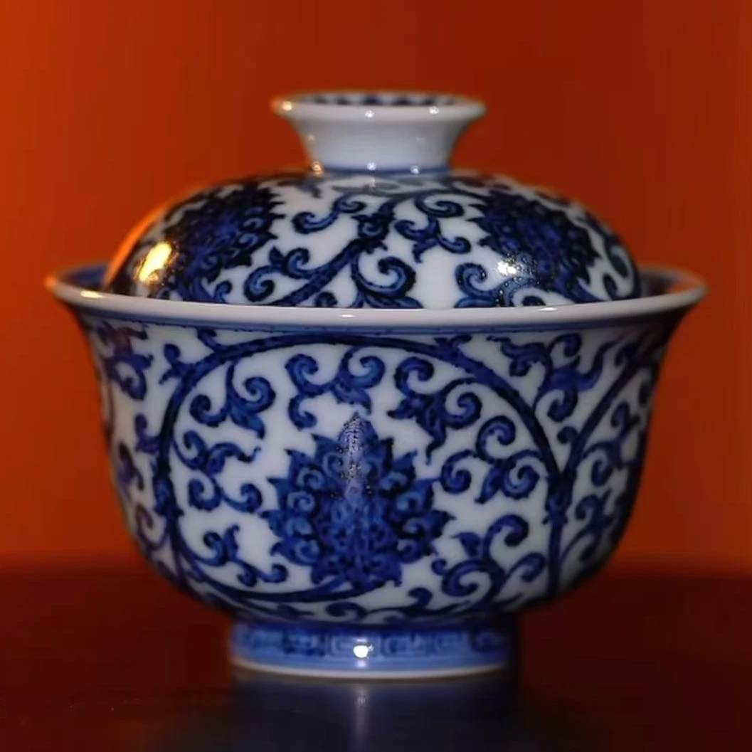 【宣乐沐谷】青花双勾莲二才盖碗