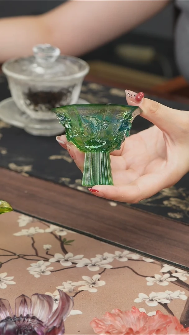 手工艺品琉璃蓝绿色荷花高足茶盏