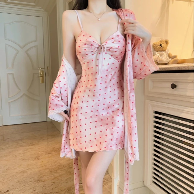 薄款夏季收腹冰丝吊带蕾丝爆款新款聚拢轻奢蕾丝性感睡裙外袍大码